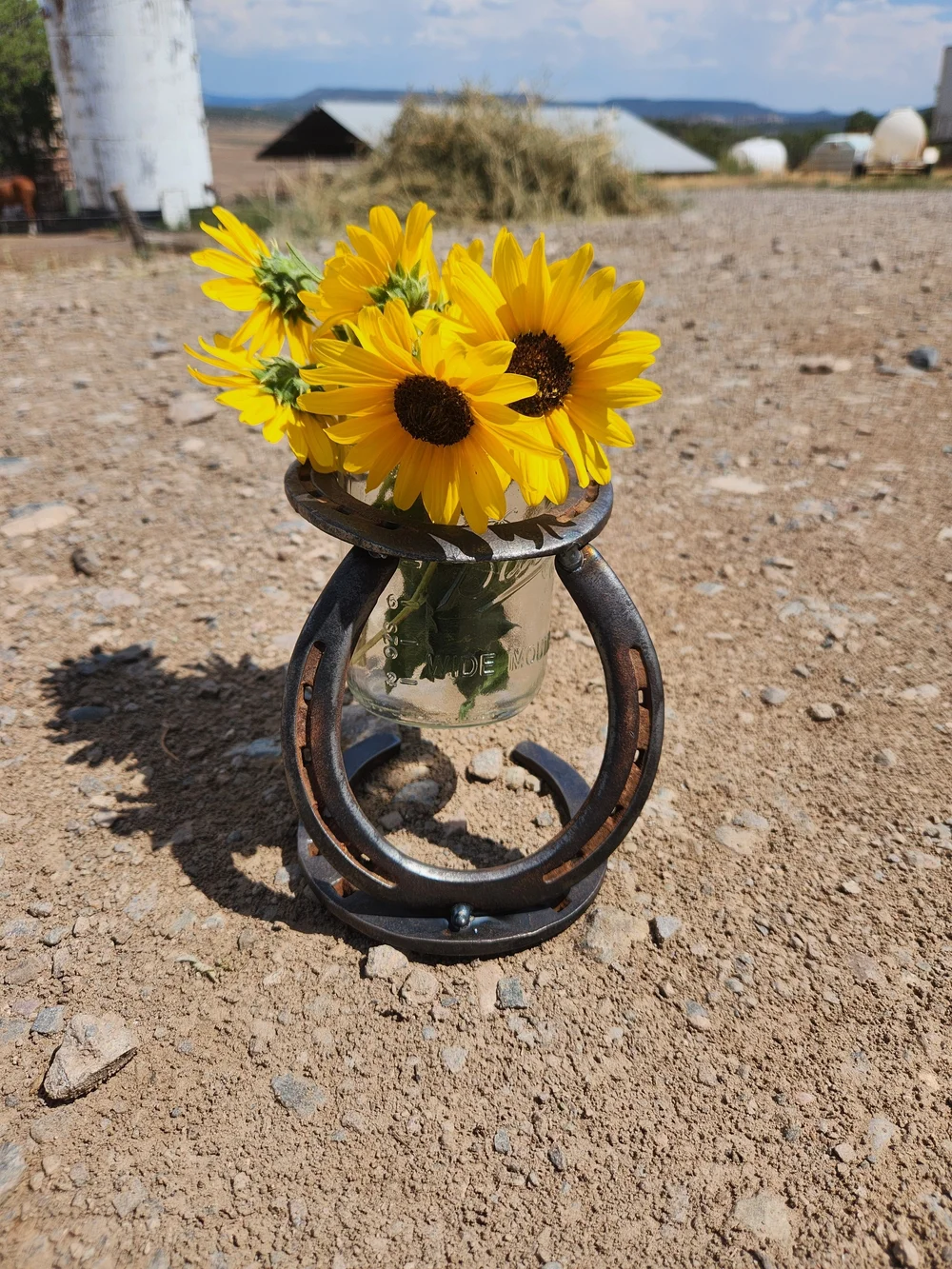 Rustic Horseshoe Mason Jar Vase - Yellow Sunflower Accent